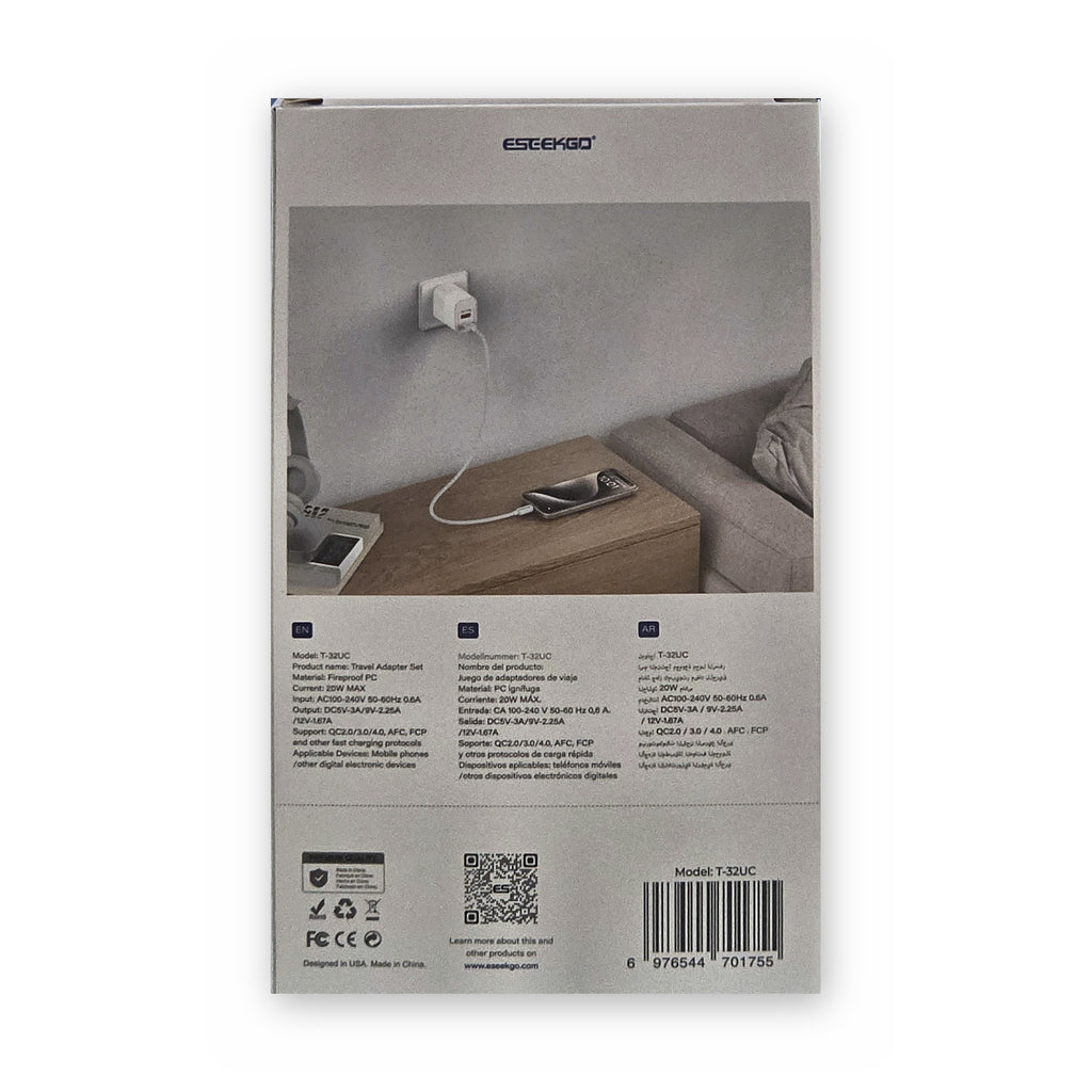 Cargador de pared doble USB-C 20W ESEEKGO, otra vista, a la venta en Smart Fix Ponce