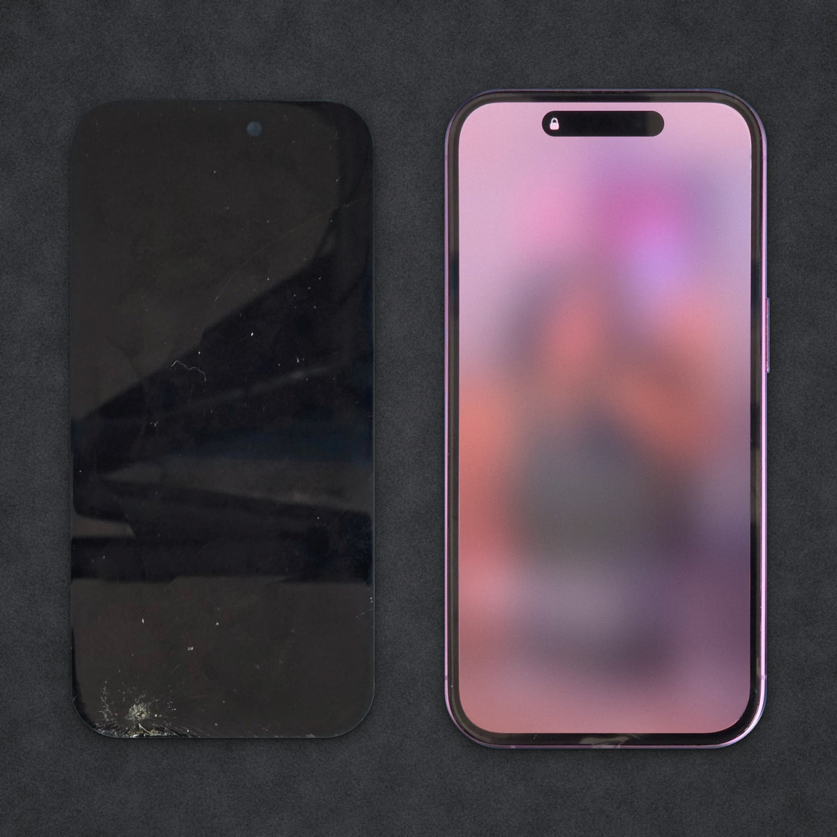 Pantalla de iPhone 16 rota y el mismo iPhone 16 ya reparado con pantalla nueva en Smart Fix Ponce